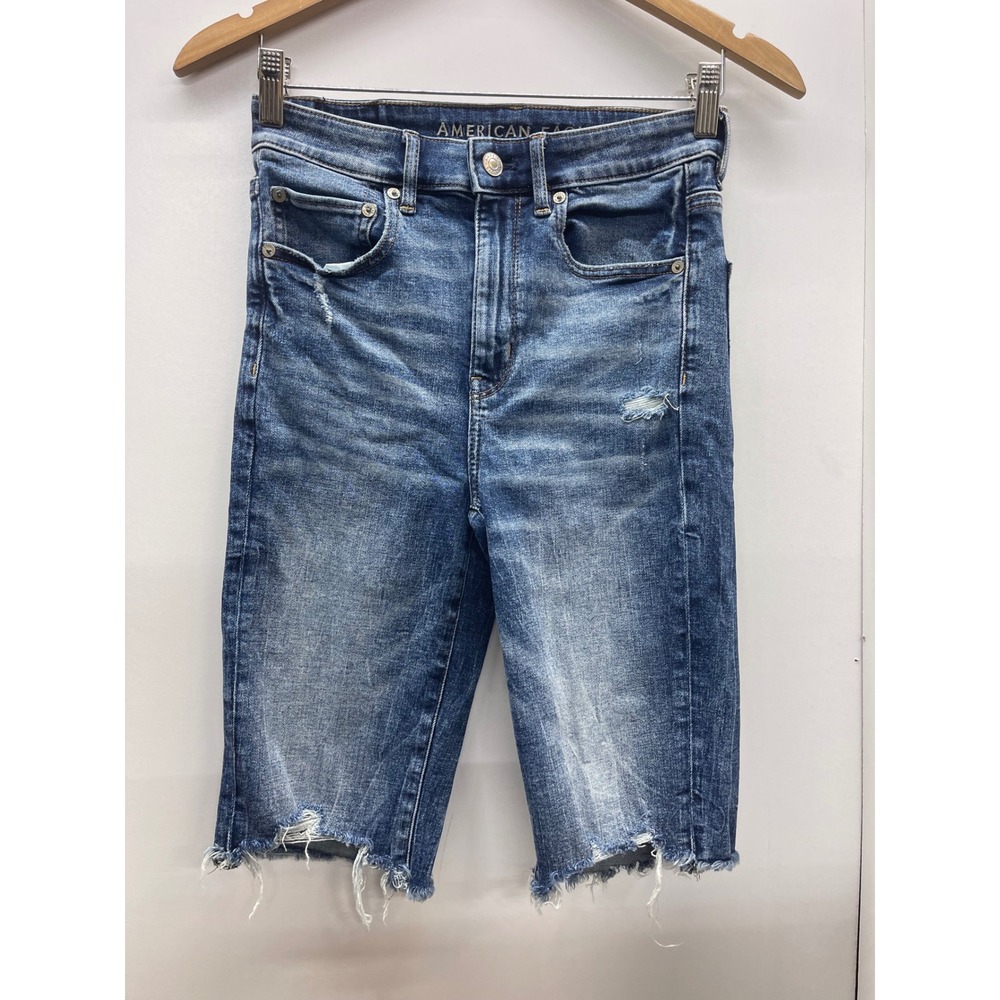 American Eagle Super Hi-Rise Biker Denim Shorts Medium Wash Distressed Size 6